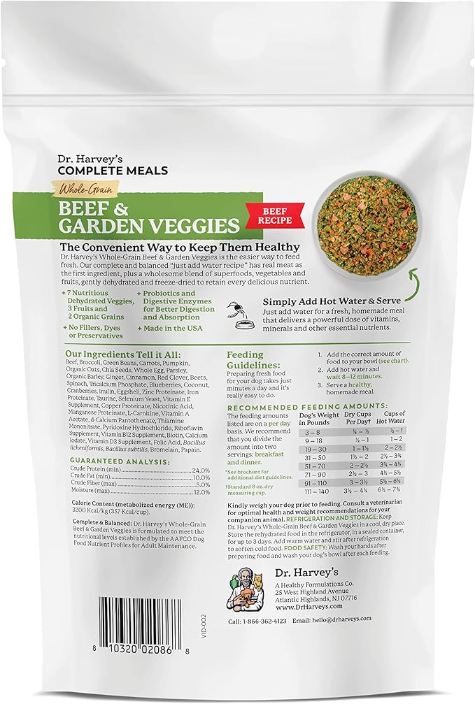 Dr. Harvey's Beef & Garden Veggies Dog Food, Human Grade Whole-Grain Dehydrated Dog Food with Freeze-Dried Beef (5.5 Ounces, Trial Size)