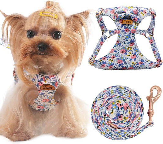 No Pull Small Dog Harness and Leash Set, Soft Adjustable Floral Puppy Dog Harness Vest for Extra Small-Medium Pet Dogs and Cat, Blue Flower, XXSmall