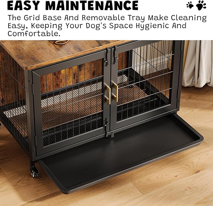 37.5 Inch Wooden Dog Crate with Wheels - Furniture Style Pet Kennel for Small to Medium Dogs Up to 66 Lbs - Multi-Purpose Removable Tray, Decorative Indoor Dog House, Sturdy & Stylish Design