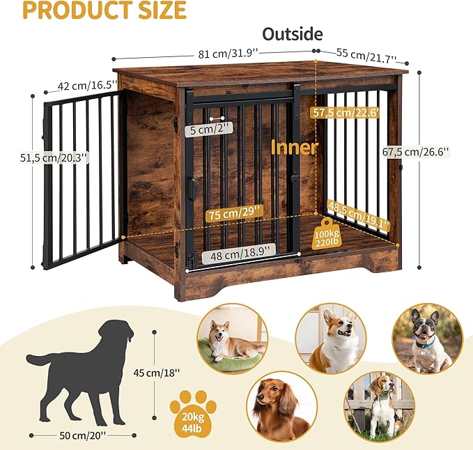 Dog Crate Furniture, 32" Double Door Dog Crate with Barn Door, Dog Kennel Indoor, End Side Table Wooden Dog Crates for Small Medium Large Dogs, Anti-Chew Anti-Escape, Rustic Brown DFC83601B