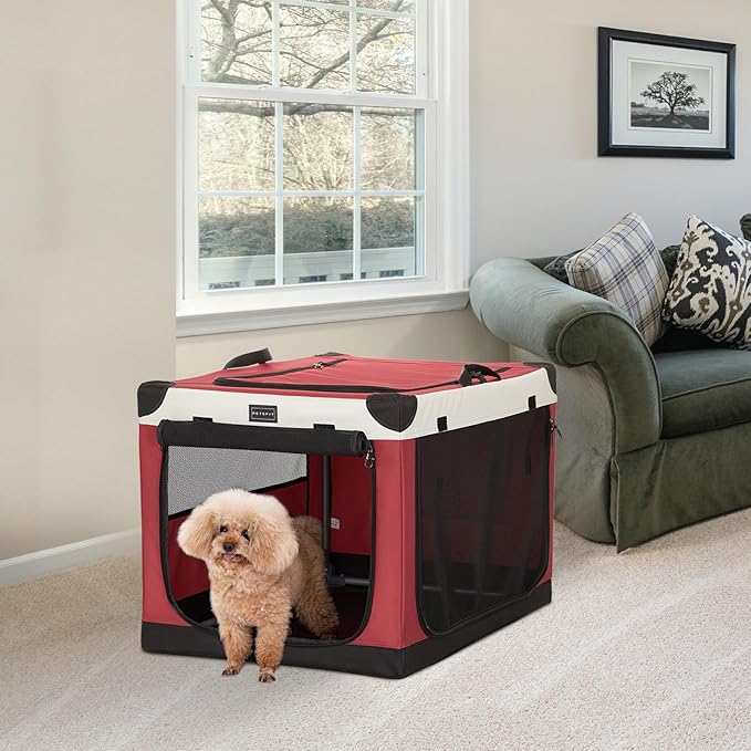 PETSFIT Portable Dog Crate, with Patented Adjustable Fabric Cover, Chewproof & Lockable Mesh Doors, Waterproof Base Portable Kennel Red 26 Inch