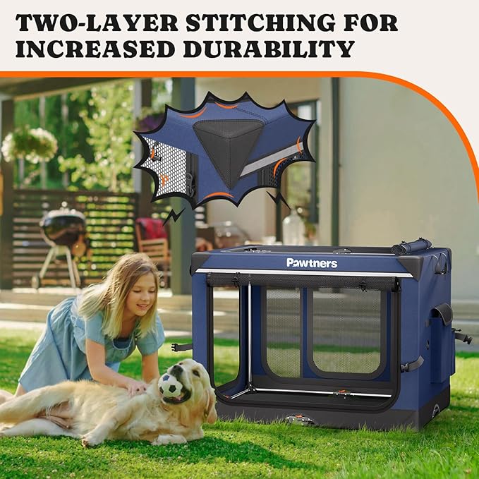 Collapsible Dog Crate: 42 Inch Foldable Soft Sided Dog Crate for Extra Large Dogs, Portable Dog Travel Kennel with Soft Mat for Indoors & Outdoors, Blue