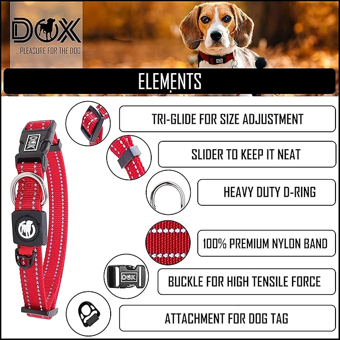 DDOXX Reflective Nylon Dog Collar - Strong and Adjustable Collars Dogs - L (Red)