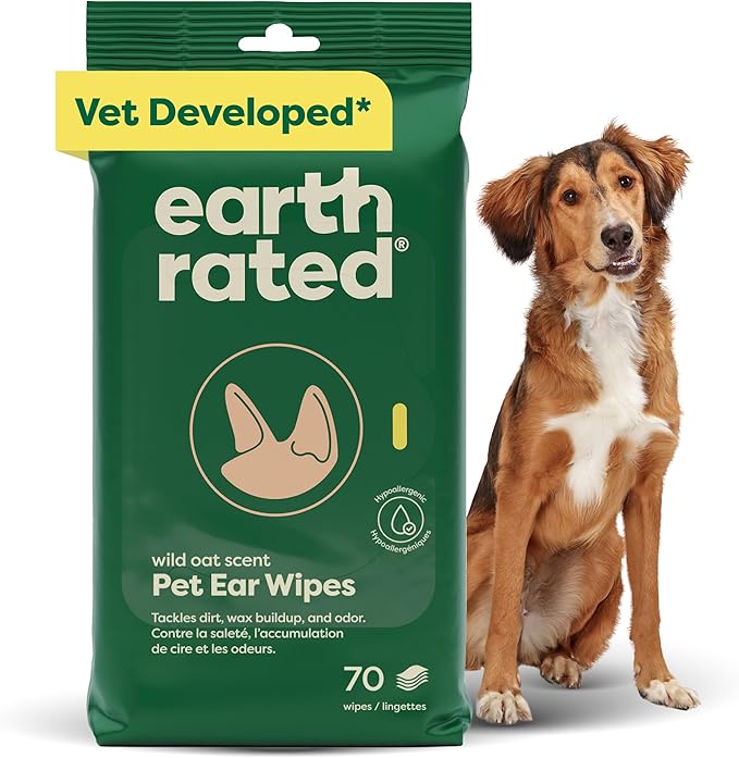 Earth Rated Vet-Developed Pet Ear Wipes, Hypoallergenic Cleaner for Dogs & Cats Ears to Remove Dirt and Wax Build Up, Wild Oat Scent, 70 Count