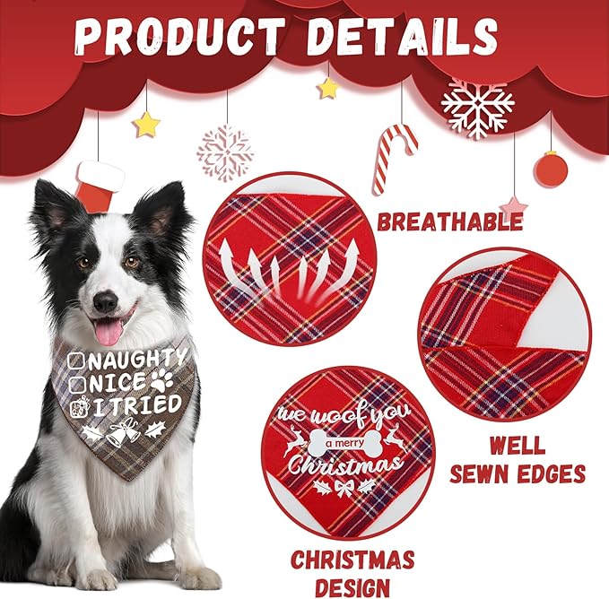 4 Pack Merry Christmas Dog Bandanas Classic Stylish Plaid Xmas Dogs Christma Bandana Pets Scarf Bibs Gift Set Dog Bandanas for Small Medium Large Puppy Pets