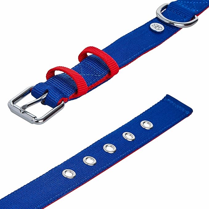 Blueberry Pet Iconic Color-Block Adjustable Dog Collar with Metal Buckle, Navy Blue and Red, Neck 13-16.5", for Medium Breed