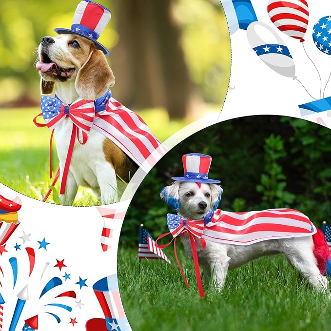 JaGely 3 Pcs Dog 4th of July Outfit Independence Day Costume Set Includes Dog Top Hat, American Flag Bow Tie Collar and American Flag Cape Pet Clothes for Dogs Puppy Cats Kitten(S)