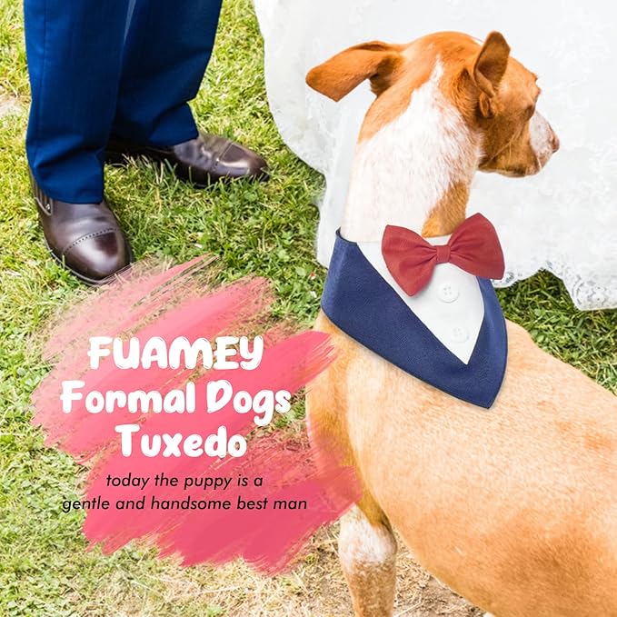 FUAMEY Dog Tuxedo,Formal Dog Wedding Bandana Dog Collar with Bow Tie Dog Birthday Costume Adjustable Pet Party Tux Dog Wedding Attire,Dog Valentines Outfit Cosplay for Small Medium Large Pets Blue M
