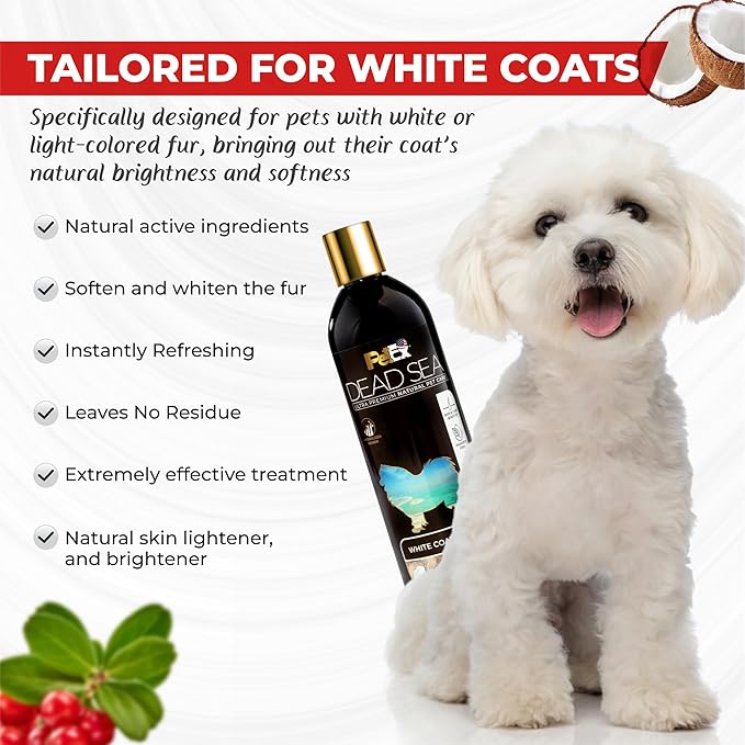 Ultra Premium Pet Care with Dead Sea Minerals - White Coat Shampoo - Shine and Brightness to White Coat, Keep Clean and Soft, Alcohol and Paraben Free, Suitable for Dogs & Cats