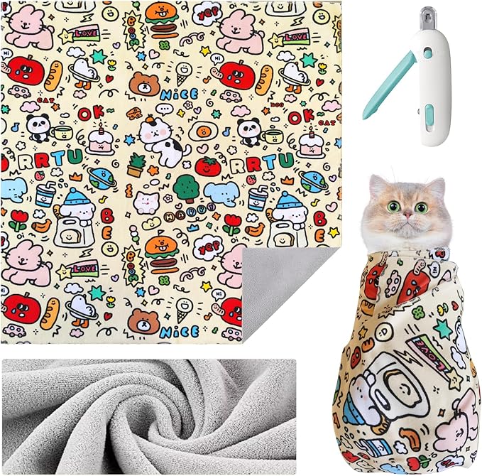 Cat Wrap for Grooming, Self-Adhesive Cat Swaddle Wrap with Nail Clipper, Soft Calming Pet Blanket Anti-Escape Grooming Bag for Cats and Dogs Up to 11lbs (Animal 2)