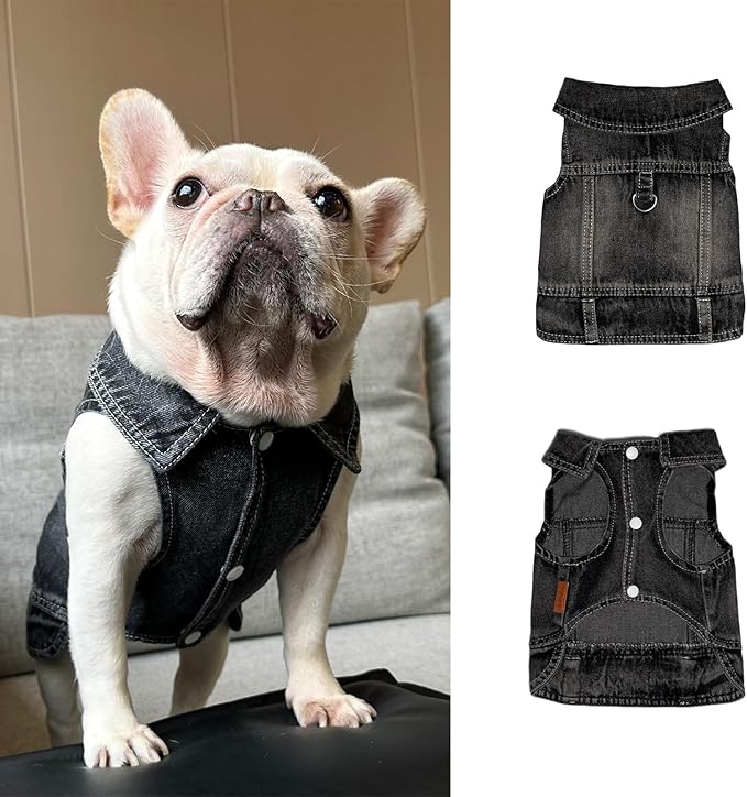 Dog Jean Jacket Pet Black Denim Coat for Puppy Small Dogs T-Shirt Fashion Classic Overalls Girl Male Boy Cat Costumes Vintage Machine Washable Vest Clothes Outfit Shirts(Black, Medium)