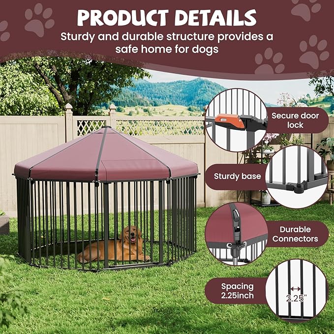 Octagon Outdoor Dog Kennel with Roof, Large Dog Kennel Outside with Metal Gate, Outdoor Dog Playpen with Secure Lock for Backyard (4.9x4.9x3.6FT)