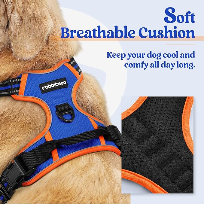 rabbitgoo Dog Harness, No-Pull Pet Harness with 2 Leash Clips, Adjustable Soft Padded Dog Vest, Reflective No-Choke Pet Oxford Vest with Easy Control Handle for Large Dogs, Blue & Orange, XL