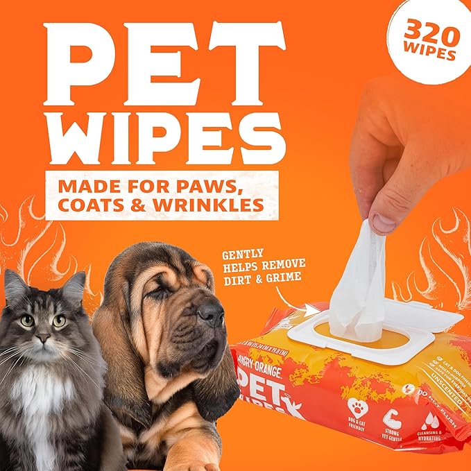 ANGRY ORANGE Pet Wipes for Dogs and Cats - Unscented and Gentle Grooming Wipes for Paws, Fur and Butt - 320 Count - Value 4 Pack