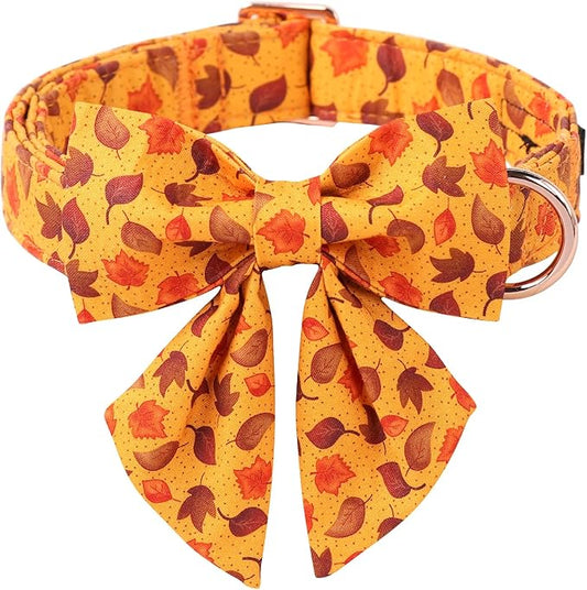 ARING PET Fall Dog Collar-Cotton Maple Leaves Dog Collar with Bowtie, Adjustable Autumn Leaves Dog Collars Pet Necklace with Metal Buckle for Girl&Boy Dogs