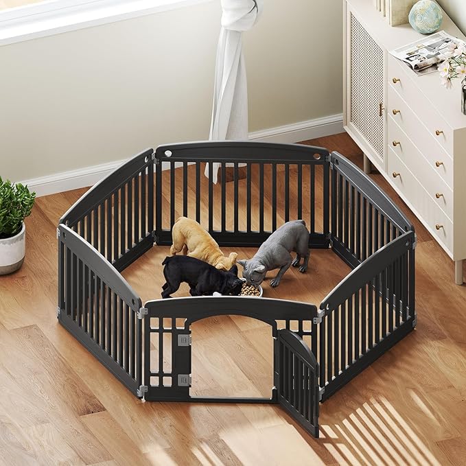 Plastic Dog Playpen | 6-Panel 24" Safe & Secure Indoor/Outdoor Pet Fence | Folding & Portable | 35 x 35 x 24IN, Ideal for Small to Medium Dogs | Easy to Clean （Black）