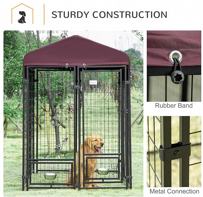 PawHut 8' x 4' x 6' Outdoor Dog Kennel with Rotating Bowl Holders, Walk-in Pet Playpen, Welded Wire Steel with Water and UV-Resistant Canopy, Red