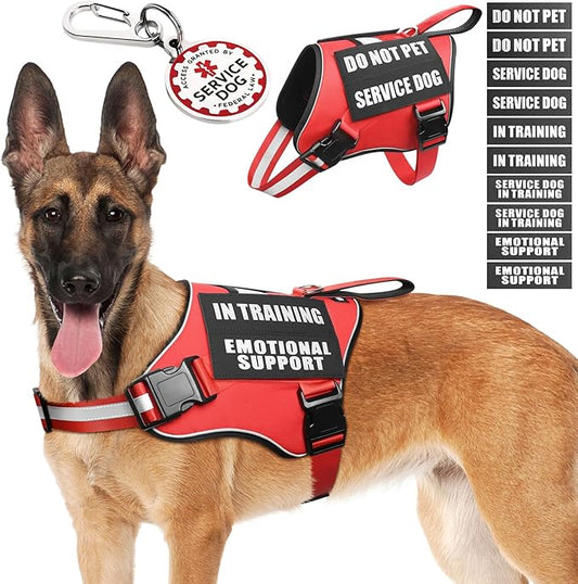 Service Dog Vest Harness+ID Tag+10 Patches,Metal Serivce Dog Tag&Reflective Emotional Support Dog Vest with Handle for Large Dogs,Easy Put On/Off for Training/Walking/Everyday Red L