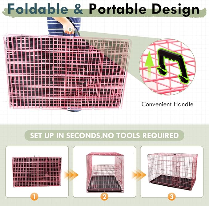 PayLessHere Large Dog Crate Kennel for Medium Large Dogs 36 inches Metal Dog Cage Double-Door Folding Travel Indoor Outdoor Puppy Playpen with Divider and Handle Plastic Tray,Pink