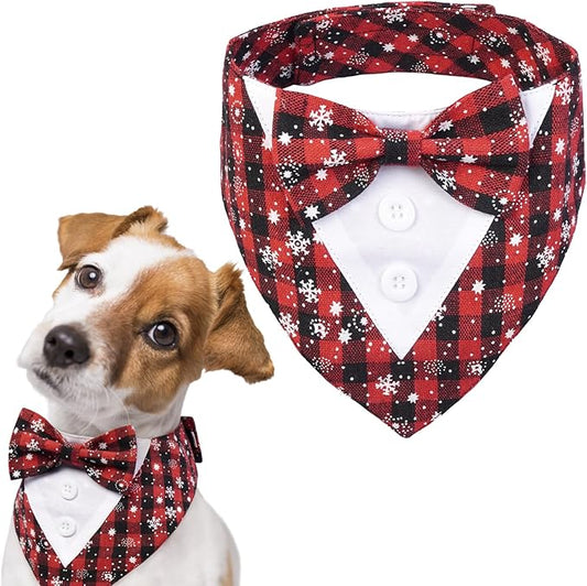 FUAMEY Dog Tuxedo,Formal Dog Bandana Dog Collar with Bow Tie Dog Birthday Costume Adjustable Pet Party Tux Dog Wedding Attire,Dog Valentines Cosplay for Small Medium Large Pets Christmas L Snowflake