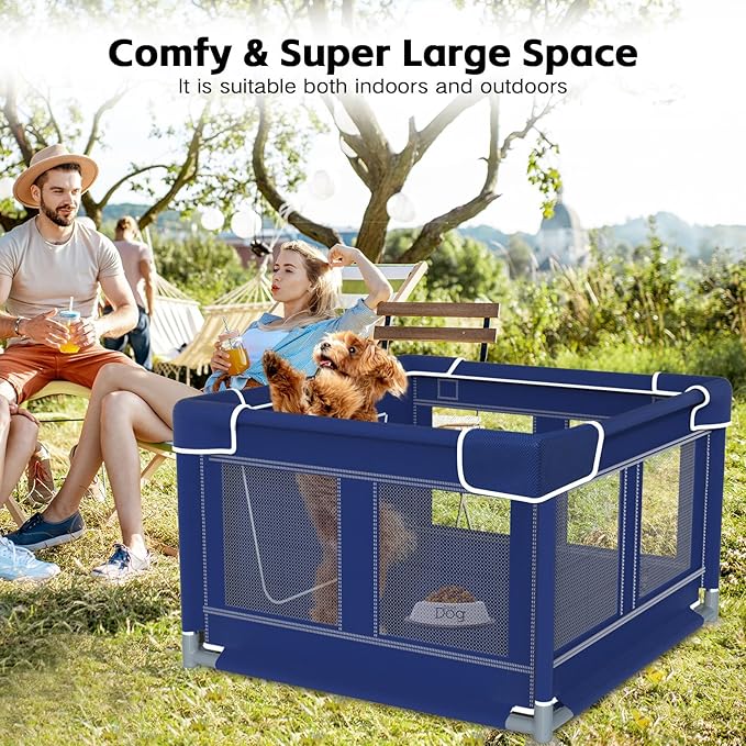 Dog Playpen, 42×42 Inch. Puppy PlayPen with Gate for Puppies,Oxford Cloth Tear Resistant Fabric. Pet PlayPen with Roof for Outdoors & Indoors. Anti-Tipping. Zipper Door. Ideal for Dogs and Cats