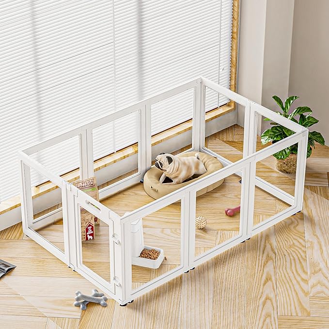 Dog Playpen Transparent Puppy Playpen Indoor, Easy Assemble & Disassemble Clear Pet Playpen, Sturdy & Easy Cleaning Plastic Dog Fence with Fence-to-Wall Anchor & Suction Cup (23.6"" H, 10PCS), WHITE