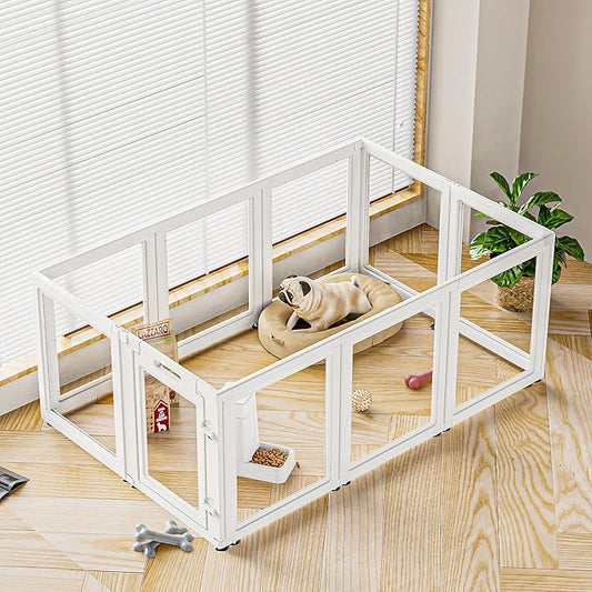 Dog Playpen Transparent Puppy Playpen Indoor, Easy Assemble & Disassemble Clear Pet Playpen, Sturdy & Easy Cleaning Plastic Dog Fence with Fence-to-Wall Anchor & Suction Cup (23.6"" H, 10PCS), WHITE
