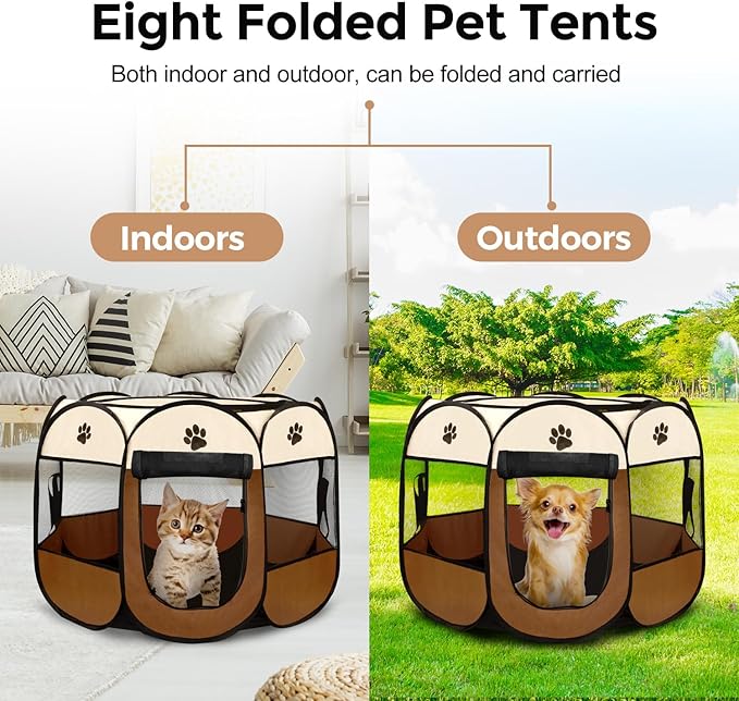 Pet Dog Puppy Playpen Dog Cat Tent Crates, Foldable Exercise Kennel Portable Playpen for Small Medium Dogs/Cats/Rabbits, Indoor Outdoor Travel Camping Use with Removable Zipper Top Brown