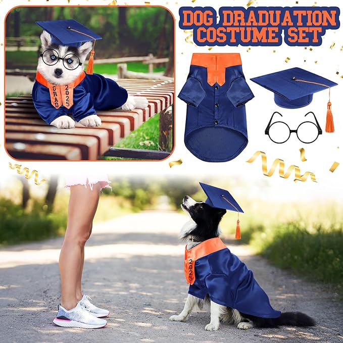 5 Pcs Dog Graduation Costume Set Include 2025 Pet Graduation Gown with Stole Puppy Grad Cap Lensless Glasses DIY Letter Stickers for Dogs Cats Holiday Costume Accessory(Blue Orange,L)