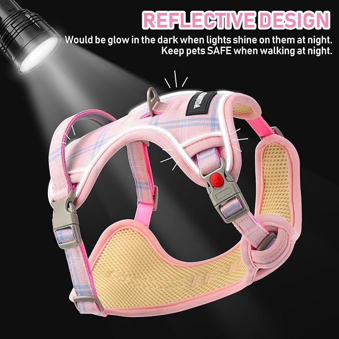 GAMUDA Dog Harness Collar and Leash Set, Dog Harness, No Chock No Pull Adjustable Vest Harnesses Plaid Reflective for Medium Dog, Cat, Small Horse, Small Bull and Pig (Pink, L)