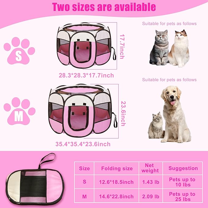 Cat Playpen Indoor, Portable Pet Play Pen for Outdoor Cat, Pink Kitten Birthing Box Exercise Playpen Tent, Waterproof Travel Dog House Kennel Camping Cage for Small Dog Animal House