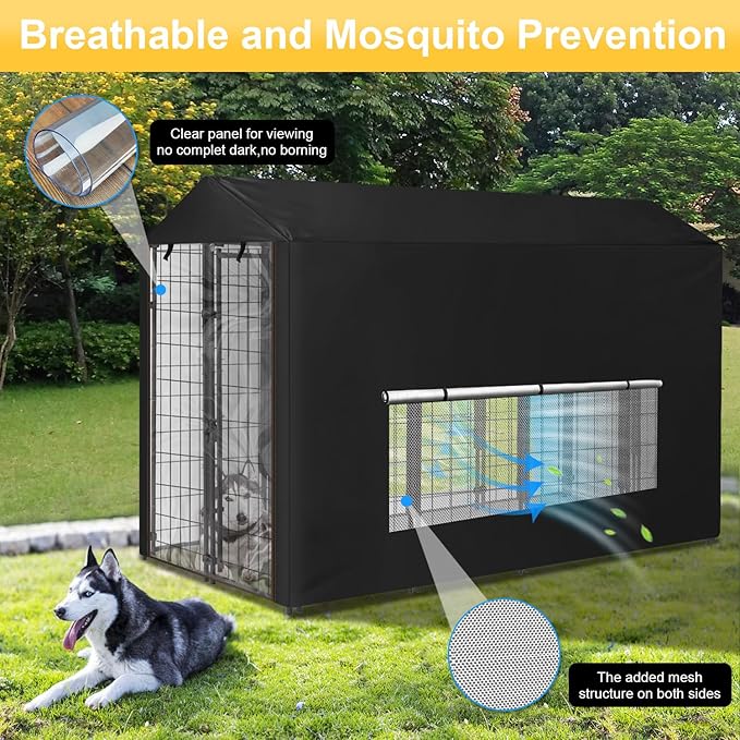 Dog Kennel Cover Large Shade Outdoor Playpen Cover Fully Enclosed Outside Waterproof Dog Crate Cover with Anti-UV Mesh Window and Clear Pannel for Viewing (Cover only Patent Design)