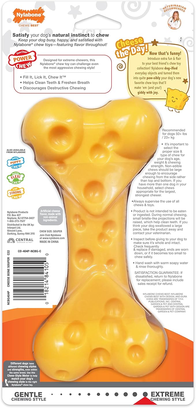 Nylabone Power Chew Cheese Bone Dog Chew Toy, Cute Dog Toys for Aggressive Chewers, Cheese Flavor, X-Large/Souper (1 Count)