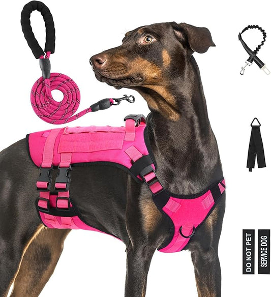No Pull Tactical Dog Harness for Large Dogs, Escape Proof Molle Dog Vest Harness and Leash Set, Adjustable Military Service Dog Harness with Handle for Medium Large Dogs(L, Pink)