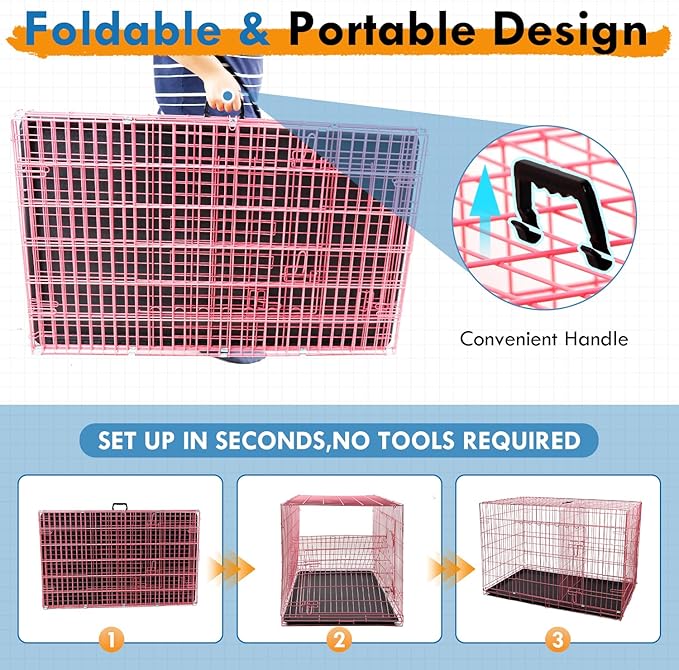 PayLessHere Large Dog Crate Kennel for Medium Large Dogs Metal Dog Cage Double-Door Folding Travel Indoor Outdoor Puppy Playpen with Divider and Handle Plastic Tray (48 Inch, Pink)