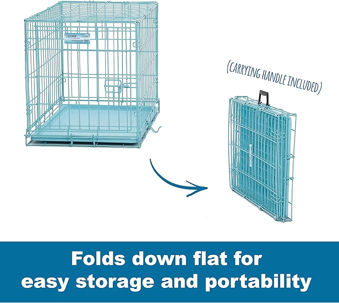 MidWest Homes for Pets Single Door Blue Folding Metal Dog Crate w/ Divider Panel, Floor Protecting 'Roller' Feet & Leak Proof Plastic Tray, 24L x 18W x 19H Inches, Small Dog Breed
