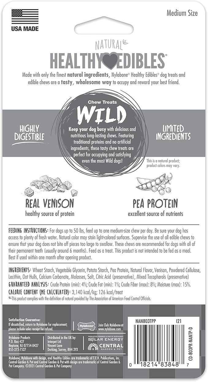 Nylabone Healthy Edibles WILD Antler Natural Long Lasting Venison Flavor Dog Chew Treats Medium/Wolf (2 Count)