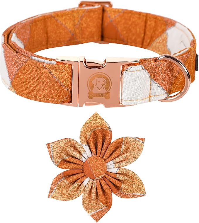 Fall Dog Collar with Flower, Orange Plaid Flower Dog Collar, Boy Girl Dog Collars for Small Medium Large Dogs