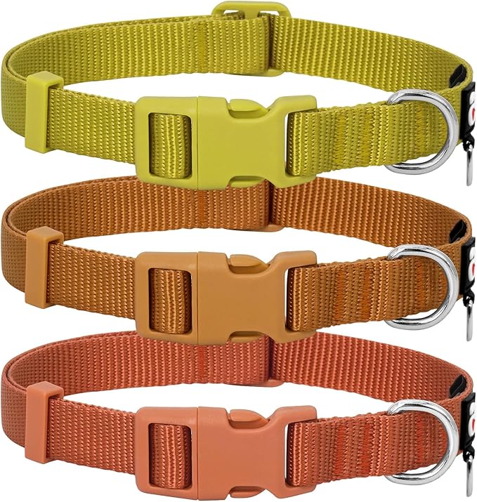 azuza 3 Pack Fall Dog Collars Comfortable and Adjustable Nylon Dog Collars for Puppy Small Dogs, XS (8-12inch)，Ginger Yellow, Rust Orange and Latte Brown