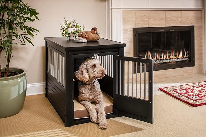 New Age Pet ECOFLEX Dog Crate End Table - Furniture-Style Pet Crate for Crate Trained Dogs - Stainless Steel Tubing & a Latched Closure - 10 Year Manufacturer's Warranty, Large, Black