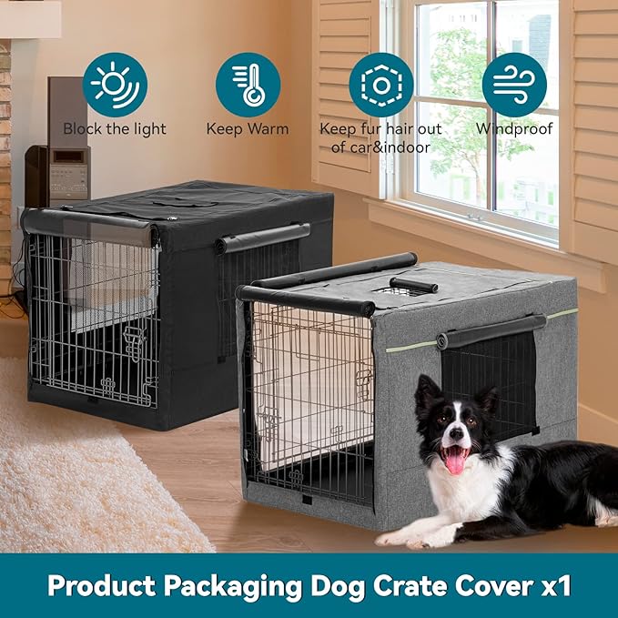 PETSFIT 36 Inch Wire Dog Crate Cover, Double Doors, Mesh Window, Detachable Top and Back Flap, Grey