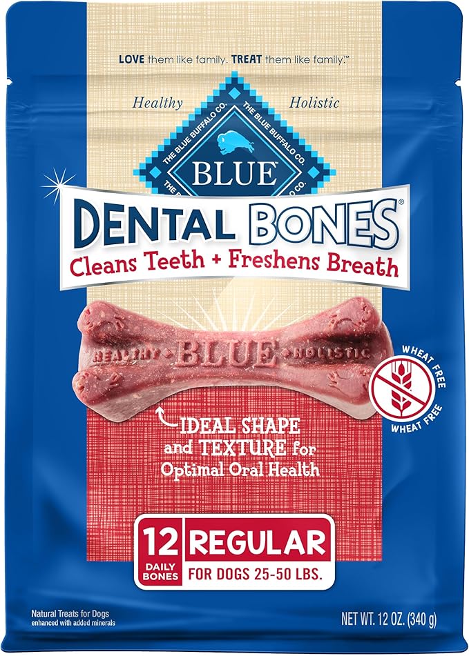 Blue Buffalo Dental Bones Regular Natural Dental Chew Dog Treats Bag, 12oz. Bag