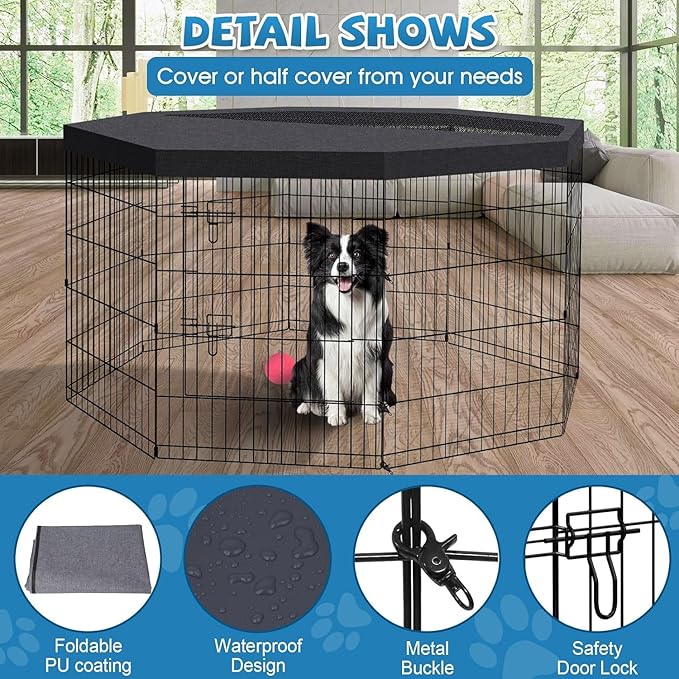 Pet Playpen Dog Pen Foldable Dog Exercise Fence 8 Panels 30 Inch Kennels Pet Playpen Options Ideal for Pet Medium Animals Outdoor Indoor (Playpen with Top Cover)