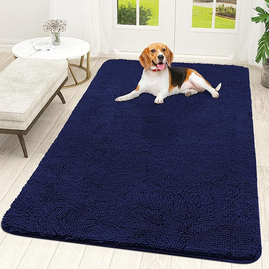 OLANLY Dog Door Mat for Muddy Paws 59x35, Absorbs Moisture and Dirt, Absorbent Non-Slip Washable Mat, Quick Dry Chenille, Mud Mat for Dogs, Entry Indoor Door Mat for Inside Floor, Navy Blue