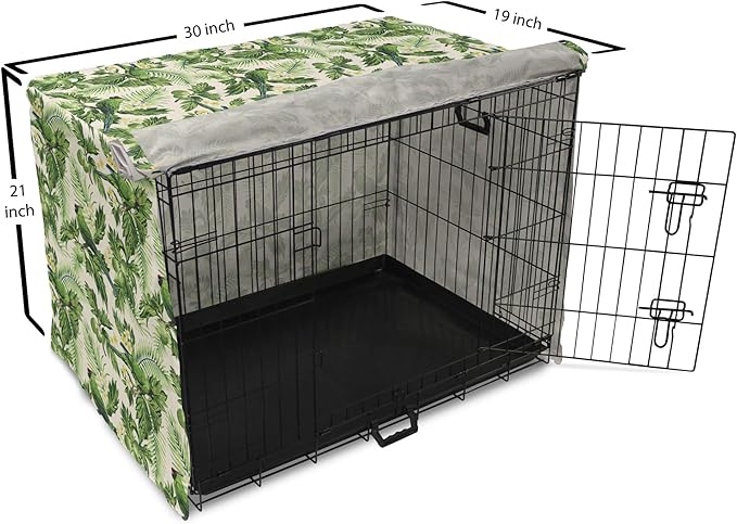 Lunarable Green Dog Crate Cover, Exotic Tropic Pattern with Palm Leaves Breadfruits Plumeria Flowers and Parrots, Easy to Use Pet Kennel Cover for Cats & Medium Dogs, 30 Inch, Lime Green Cream