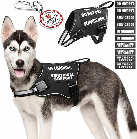 Service Dog Vest Harness+ID Tag+10 Patches,Metal Serivce Dog Tag&Reflective Emotional Support Dog Vest with Handle for Medium Dogs,Easy Put On/Off for Training/Walking/Everyday Black M