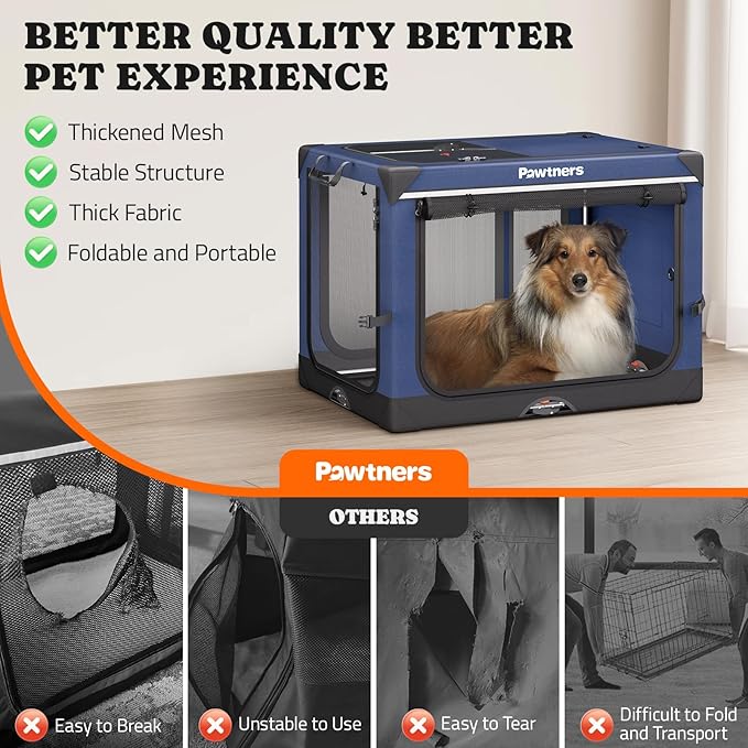 Collapsible Dog Crate: 38 Inch Foldable Soft Sided Dog Crate for Large Dogs, Portable Dog Travel Kennel with Soft Mat for Indoors & Outdoors, Blue