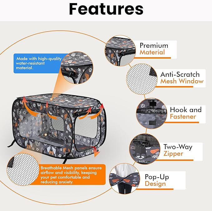 Beatrice Home Fashions Portable, Collapsible, Pop Up Kennel Travel Cat and Dog Crate, 40" L x 27" W x 27" H, Face of Love