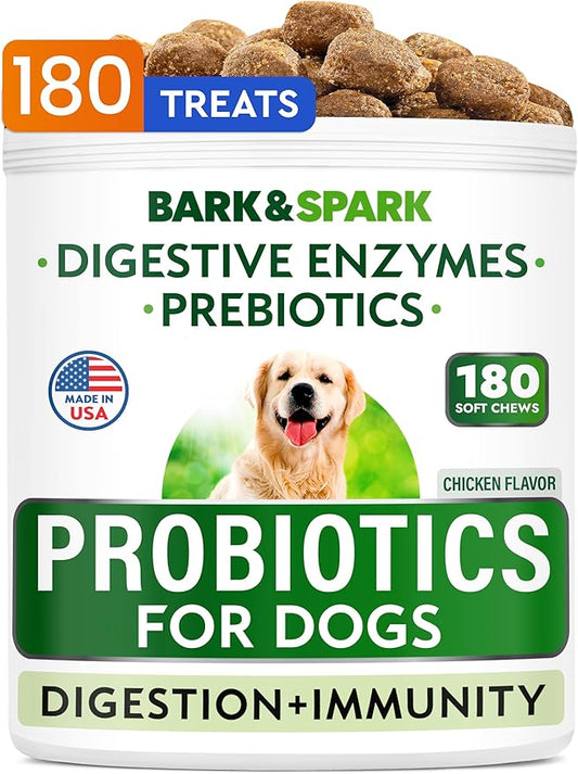 BARK&SPARK Dog Probiotics & Digestive Enzymes (Gut Health) Allergy & Itchy Skin - Pet Diarrhea Gas Treatment Upset Stomach Relief, Digestion Health Prebiotic Supplement Tummy Treat (180Ct Chicken)