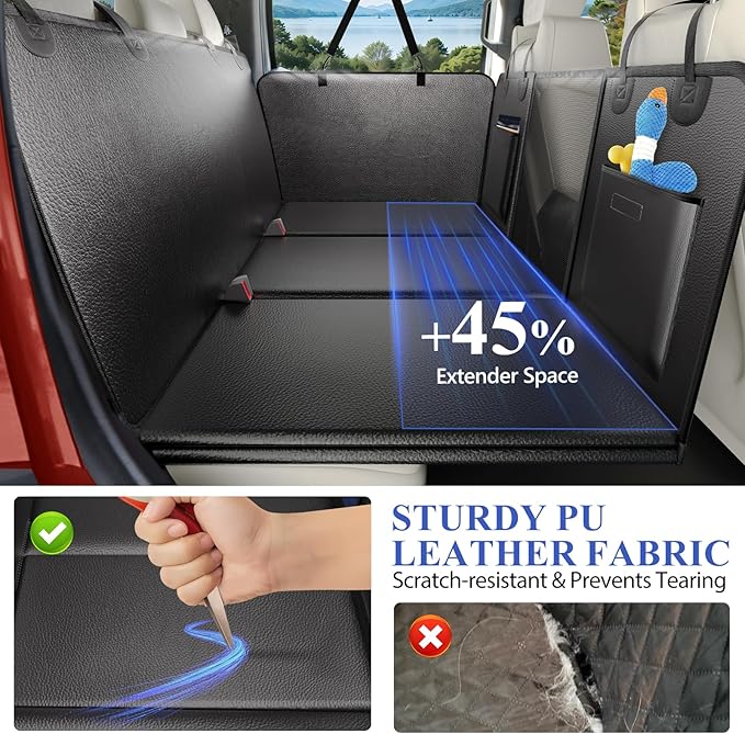 Back Seat Extender for Dogs Truck-Upgraded PU Leather-Truck Dog Seat Cover Back Seat Hard Bottom 400lbs, Anti-Scratch Pet Seat Covers for Trucks, Waterproof Backseat Dog Hammock for Truck